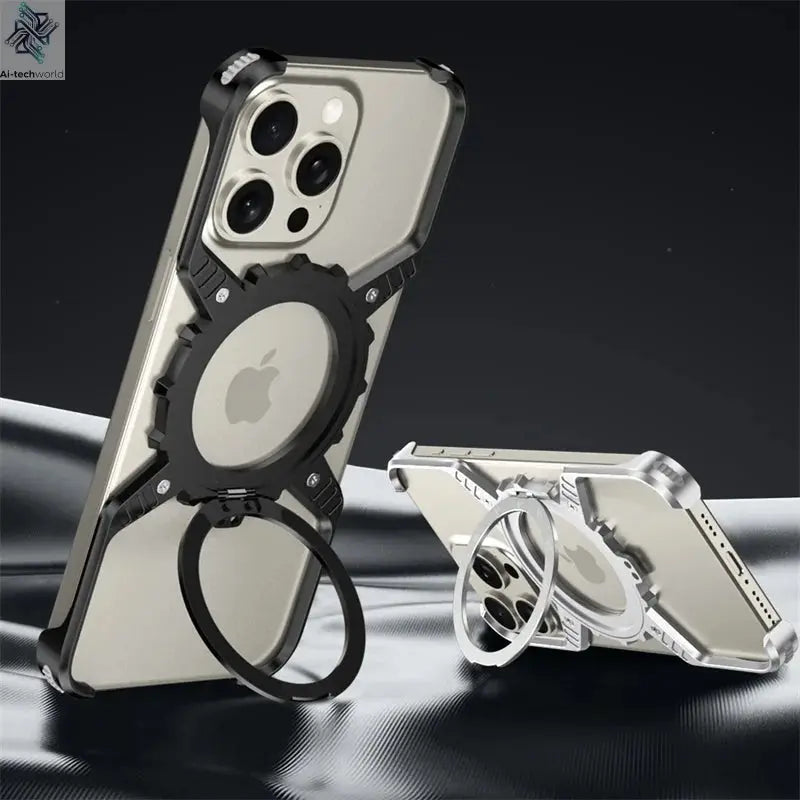 360° Stand X-shaped Mechanical For iPhone 17 14 13 15 16 Pro Max Plus gear Aluminium Magnetic Frameless Noctilucent Phone Cover Ai-TechWorld 