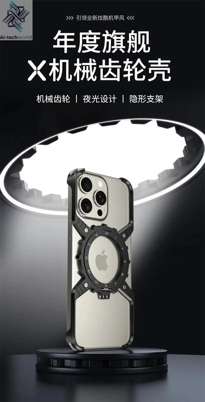 360° Stand X-shaped Mechanical For iPhone 17 14 13 15 16 Pro Max Plus gear Aluminium Magnetic Frameless Noctilucent Phone Cover Ai-TechWorld 