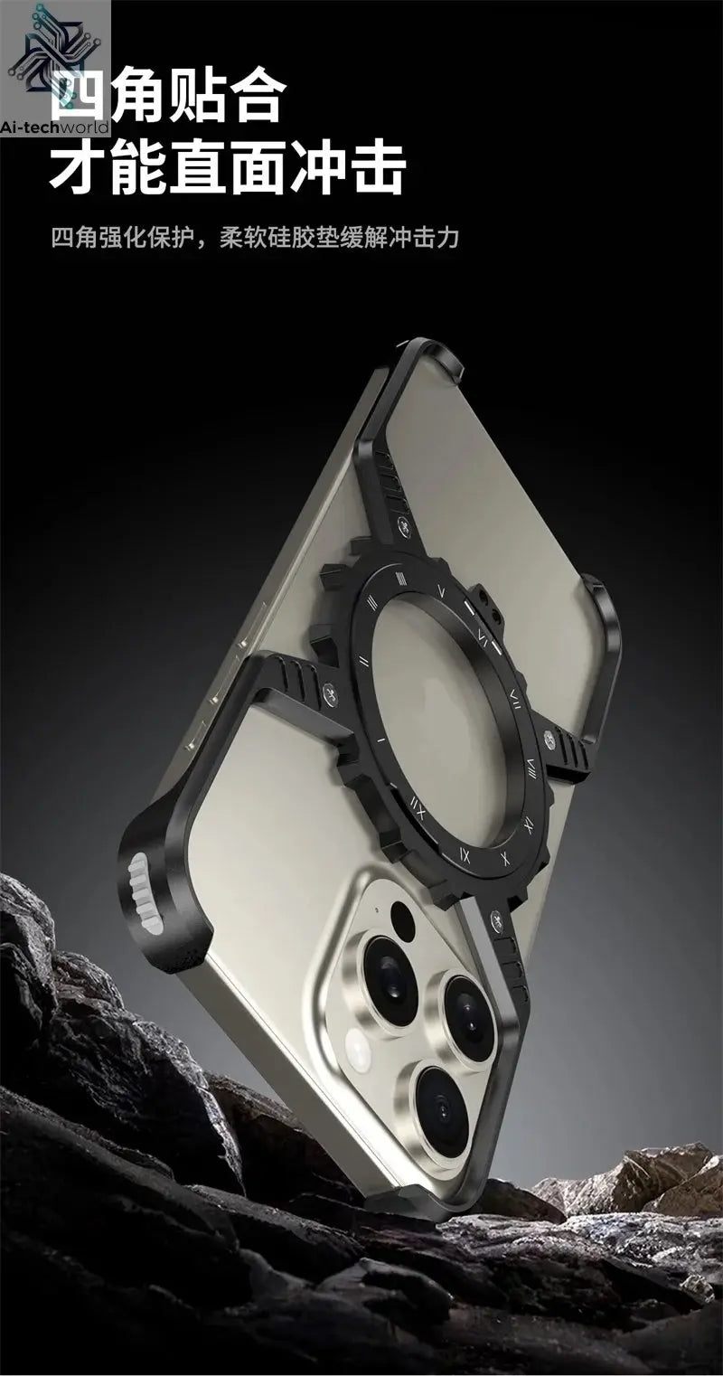360° Stand X-shaped Mechanical For iPhone 17 14 13 15 16 Pro Max Plus gear Aluminium Magnetic Frameless Noctilucent Phone Cover Ai-TechWorld 