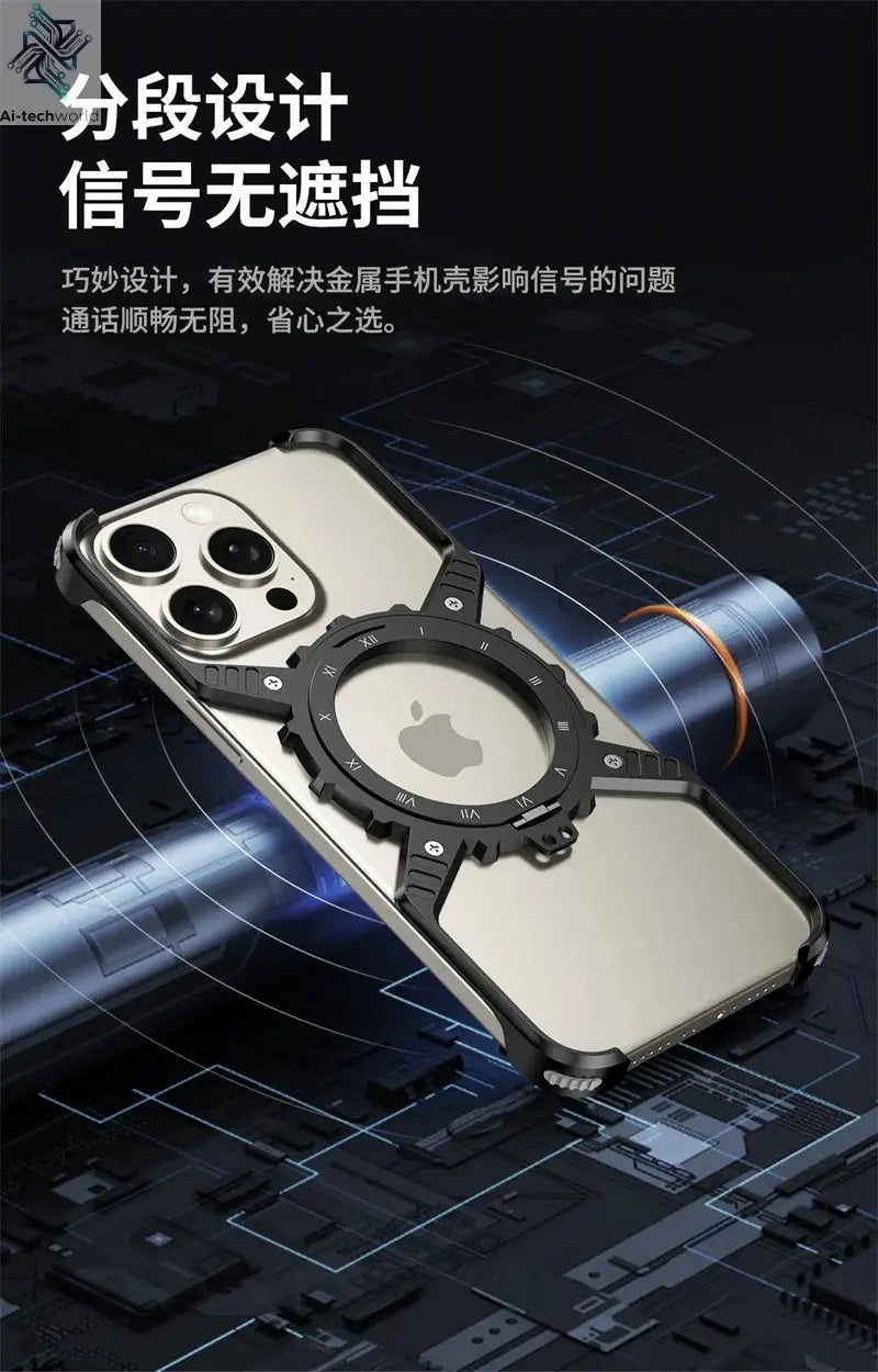360° Stand X-shaped Mechanical For iPhone 17 14 13 15 16 Pro Max Plus gear Aluminium Magnetic Frameless Noctilucent Phone Cover Ai-TechWorld 