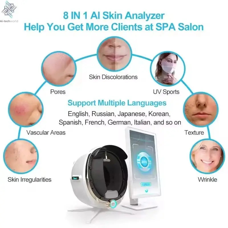 3D Skin Scanner Care Facial Analyzer Monitor Machine Magic Mirror Portable Testing English Detector Face Camera Test Analysis Ai-TechWorld