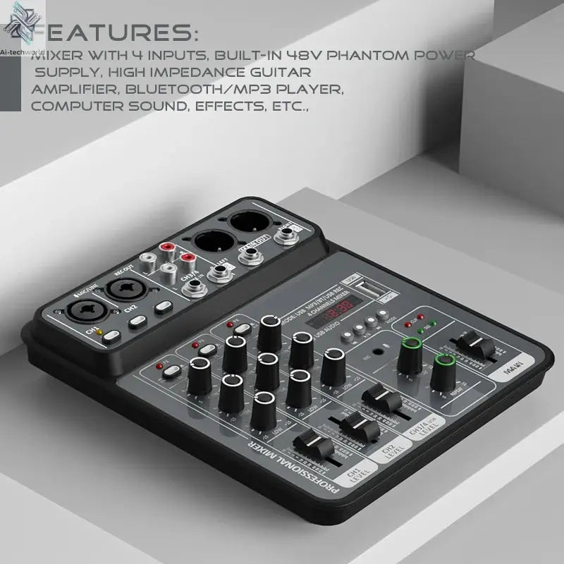 4 Channel Audio Mixer 48V Phantom Power USB Studio Sound Mixers Bluetooth DJ Console Mixing for Karaok Ai-TechWorld 