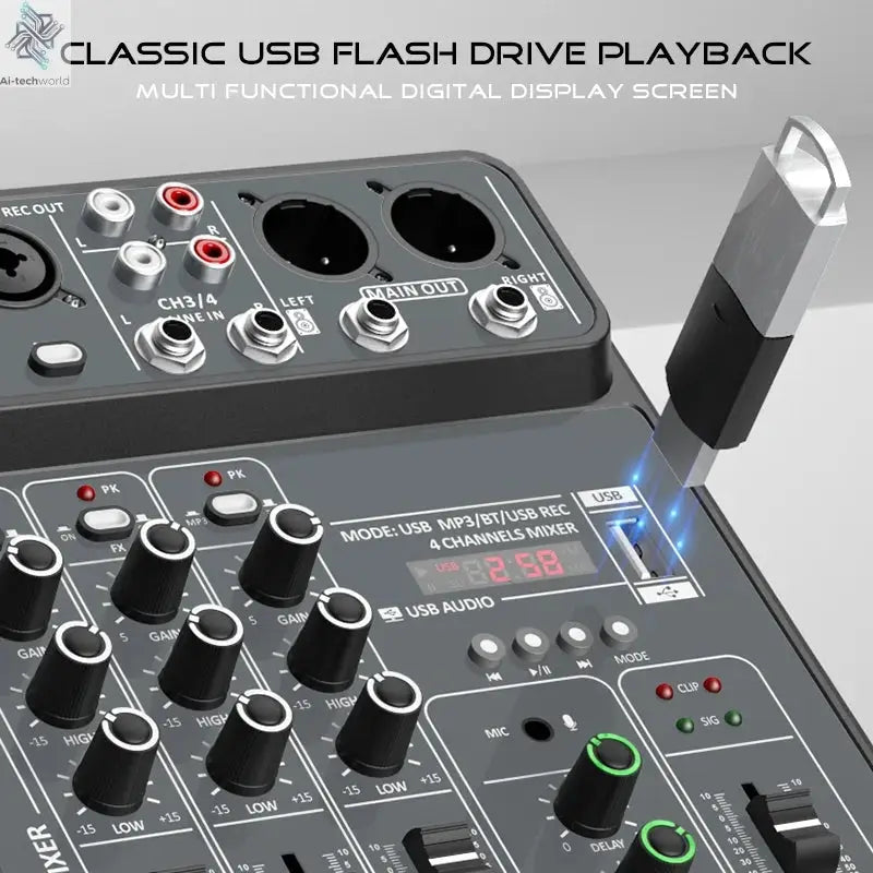 4 Channel Audio Mixer 48V Phantom Power USB Studio Sound Mixers Bluetooth DJ Console Mixing for Karaok Ai-TechWorld 