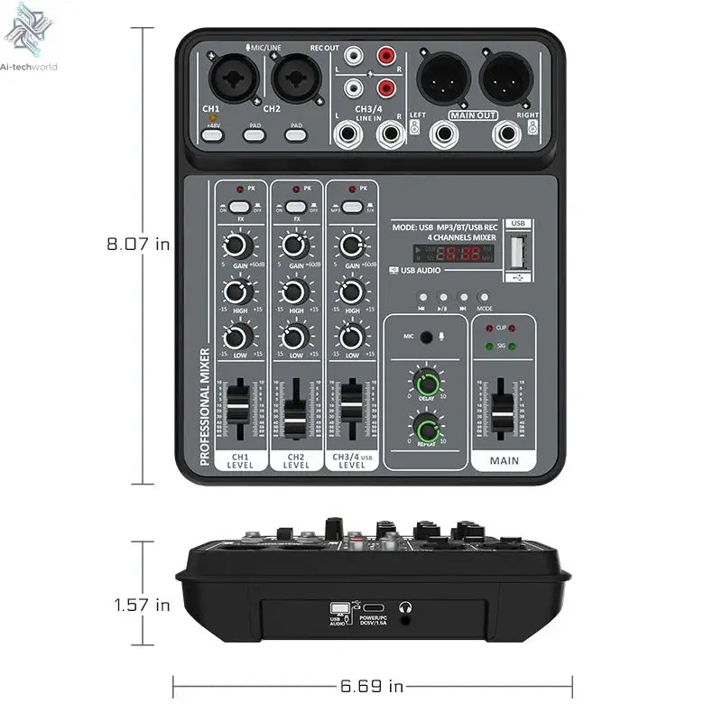 4 Channel Audio Mixer 48V Phantom Power USB Studio Sound Mixers Bluetooth DJ Console Mixing for Karaok Ai-TechWorld 