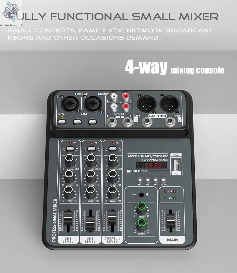 4 Channel Audio Mixer 48V Phantom Power USB Studio Sound Mixers Bluetooth DJ Console Mixing for Karaok Ai-TechWorld 