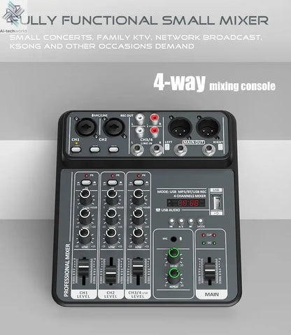 4 Channel Audio Mixer 48V Phantom Power USB Studio Sound Mixers Bluetooth DJ Console Mixing for Karaok Ai-TechWorld 