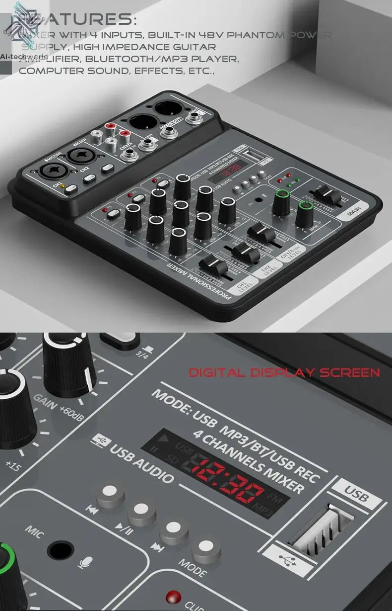 4 Channel Audio Mixer 48V Phantom Power USB Studio Sound Mixers Bluetooth DJ Console Mixing for Karaok Ai-TechWorld 