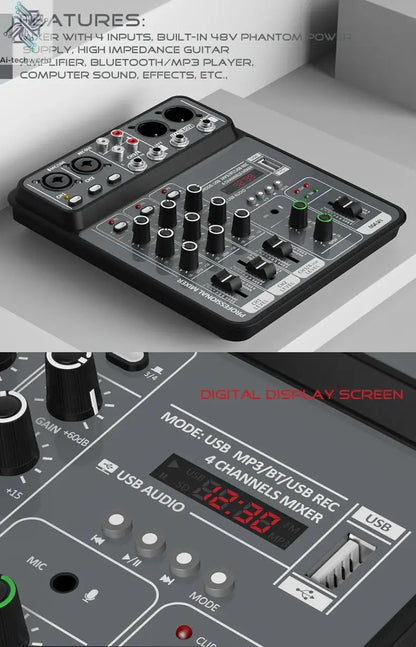 4 Channel Audio Mixer 48V Phantom Power USB Studio Sound Mixers Bluetooth DJ Console Mixing for Karaok Ai-TechWorld 