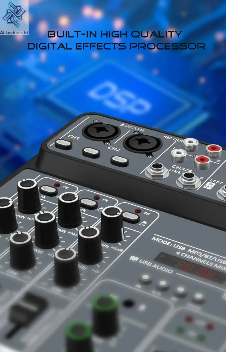 4 Channel Audio Mixer 48V Phantom Power USB Studio Sound Mixers Bluetooth DJ Console Mixing for Karaok Ai-TechWorld 