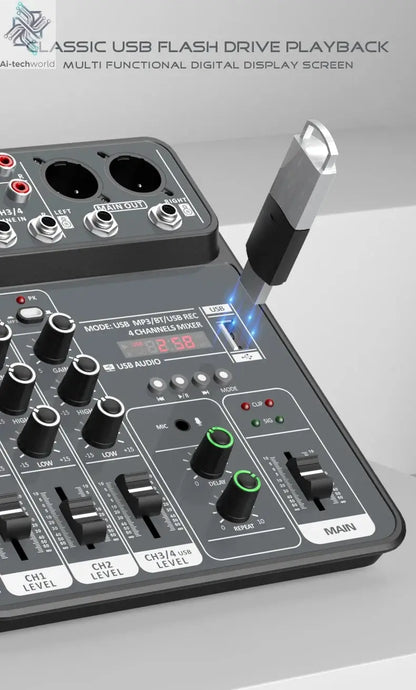4 Channel Audio Mixer 48V Phantom Power USB Studio Sound Mixers Bluetooth DJ Console Mixing for Karaok Ai-TechWorld 
