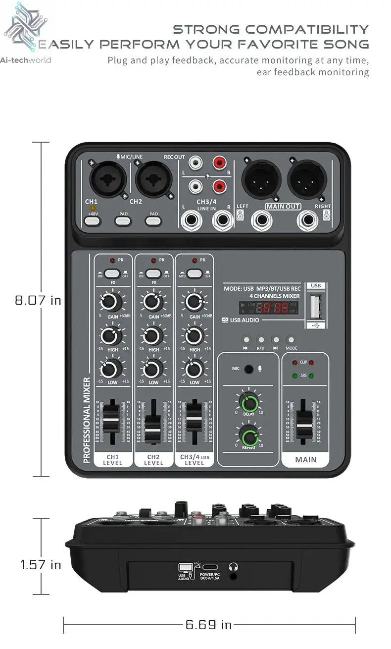 4 Channel Audio Mixer 48V Phantom Power USB Studio Sound Mixers Bluetooth DJ Console Mixing for Karaok Ai-TechWorld 