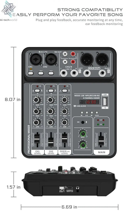 4 Channel Audio Mixer 48V Phantom Power USB Studio Sound Mixers Bluetooth DJ Console Mixing for Karaok Ai-TechWorld 