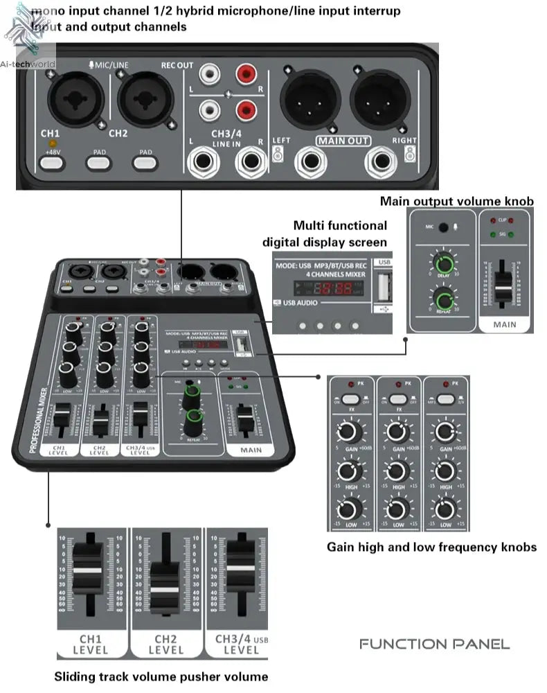 4 Channel Audio Mixer 48V Phantom Power USB Studio Sound Mixers Bluetooth DJ Console Mixing for Karaok Ai-TechWorld 