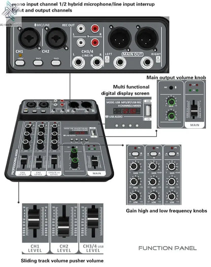 4 Channel Audio Mixer 48V Phantom Power USB Studio Sound Mixers Bluetooth DJ Console Mixing for Karaok Ai-TechWorld 