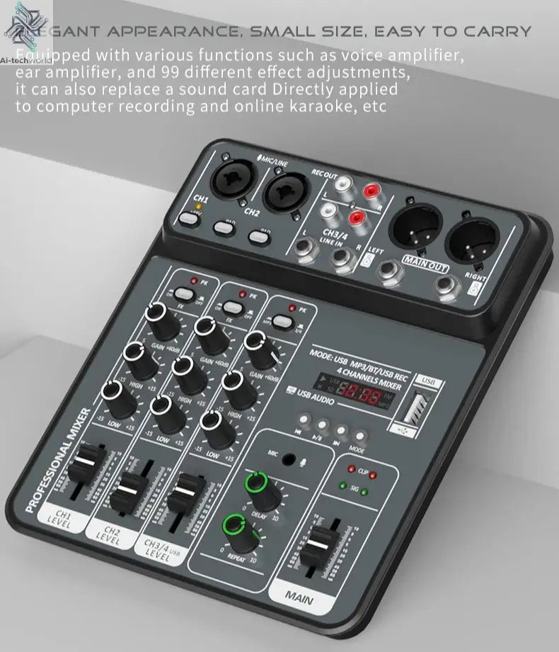 4 Channel Audio Mixer 48V Phantom Power USB Studio Sound Mixers Bluetooth DJ Console Mixing for Karaok Ai-TechWorld 