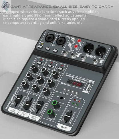 4 Channel Audio Mixer 48V Phantom Power USB Studio Sound Mixers Bluetooth DJ Console Mixing for Karaok Ai-TechWorld 