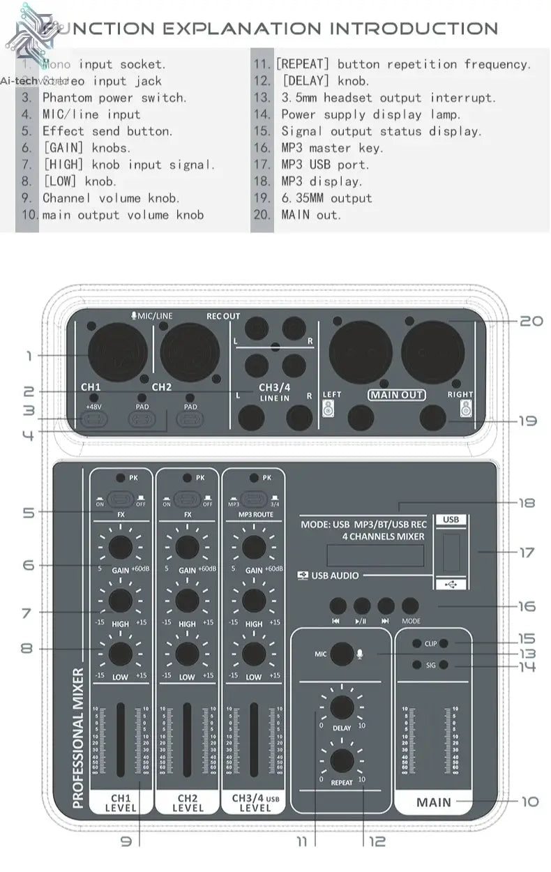 4 Channel Audio Mixer 48V Phantom Power USB Studio Sound Mixers Bluetooth DJ Console Mixing for Karaok Ai-TechWorld 