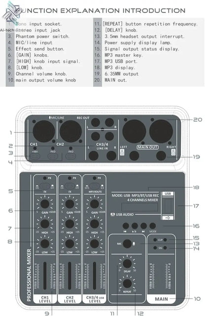 4 Channel Audio Mixer 48V Phantom Power USB Studio Sound Mixers Bluetooth DJ Console Mixing for Karaok Ai-TechWorld 