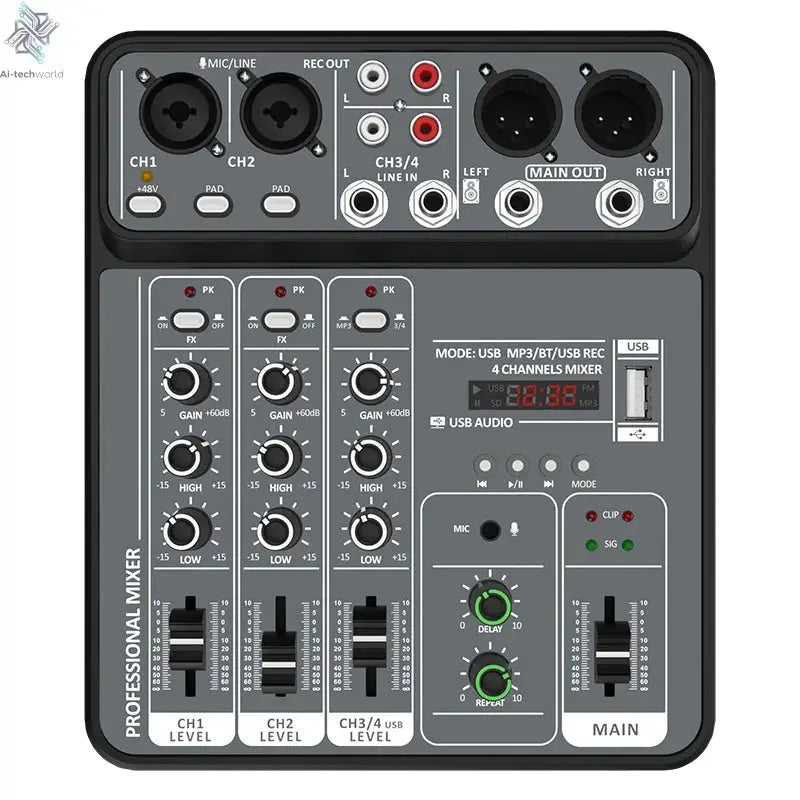 4 Channel Audio Mixer 48V Phantom Power USB Studio Sound Mixers Bluetooth DJ Console Mixing for Karaok Ai-TechWorld 