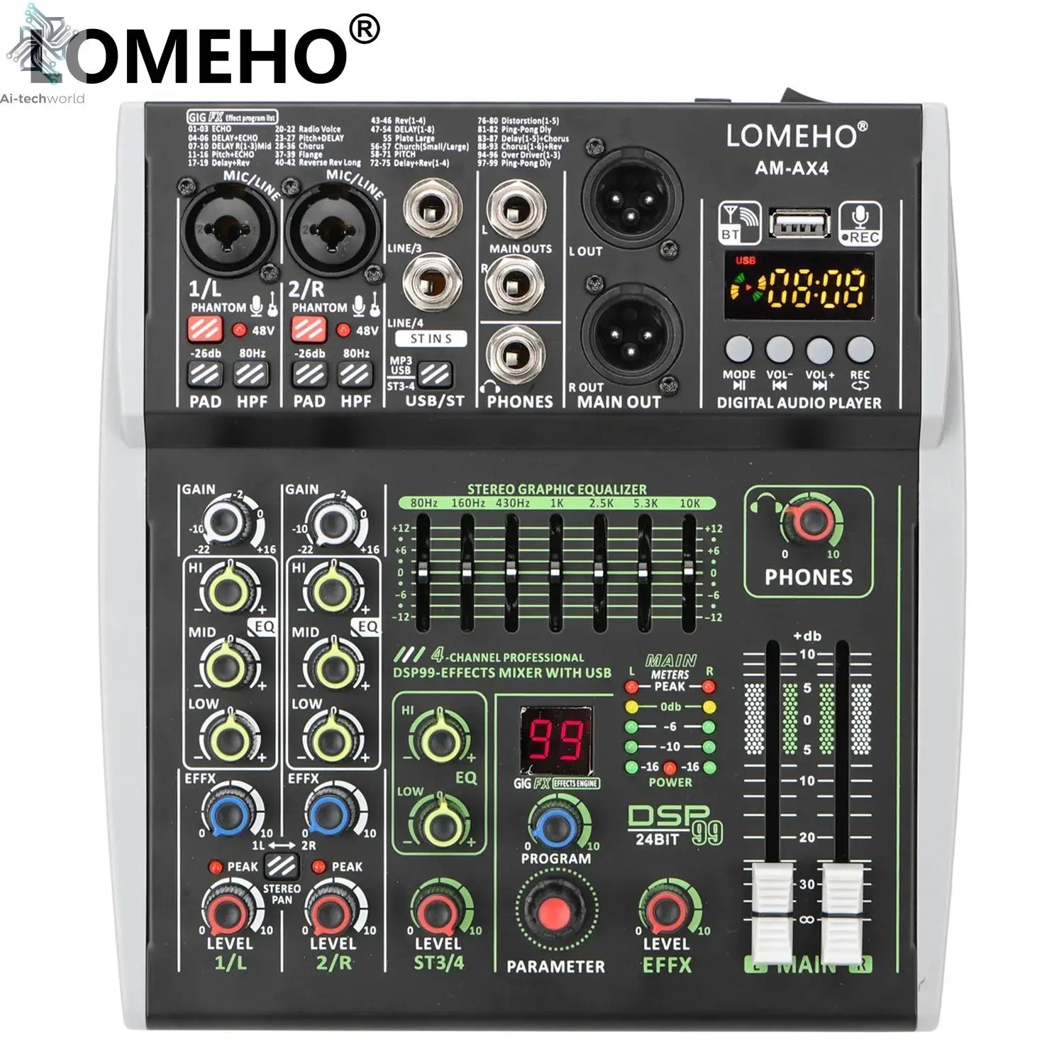 4 Channel Audio Sound Mixer 7 Band EQ 99 DSP Effects 48V Bluetooth Sound Mixing Console PC Playback Recording DJ Party AM-AX4 Ai-TechWorld 