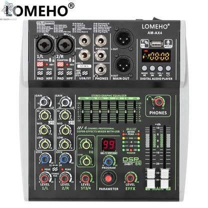 4 Channel Audio Sound Mixer 7 Band EQ 99 DSP Effects 48V Bluetooth Sound Mixing Console PC Playback Recording DJ Party AM-AX4 Ai-TechWorld 