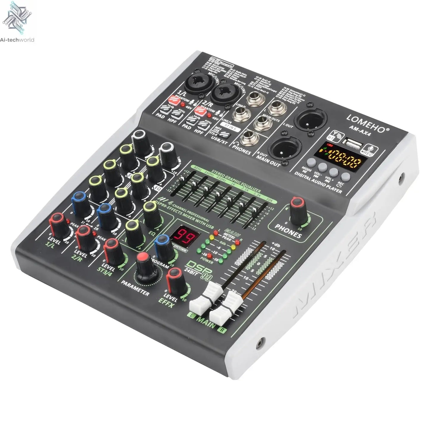 4 Channel Audio Sound Mixer 7 Band EQ 99 DSP Effects 48V Bluetooth Sound Mixing Console PC Playback Recording DJ Party AM-AX4 Ai-TechWorld 