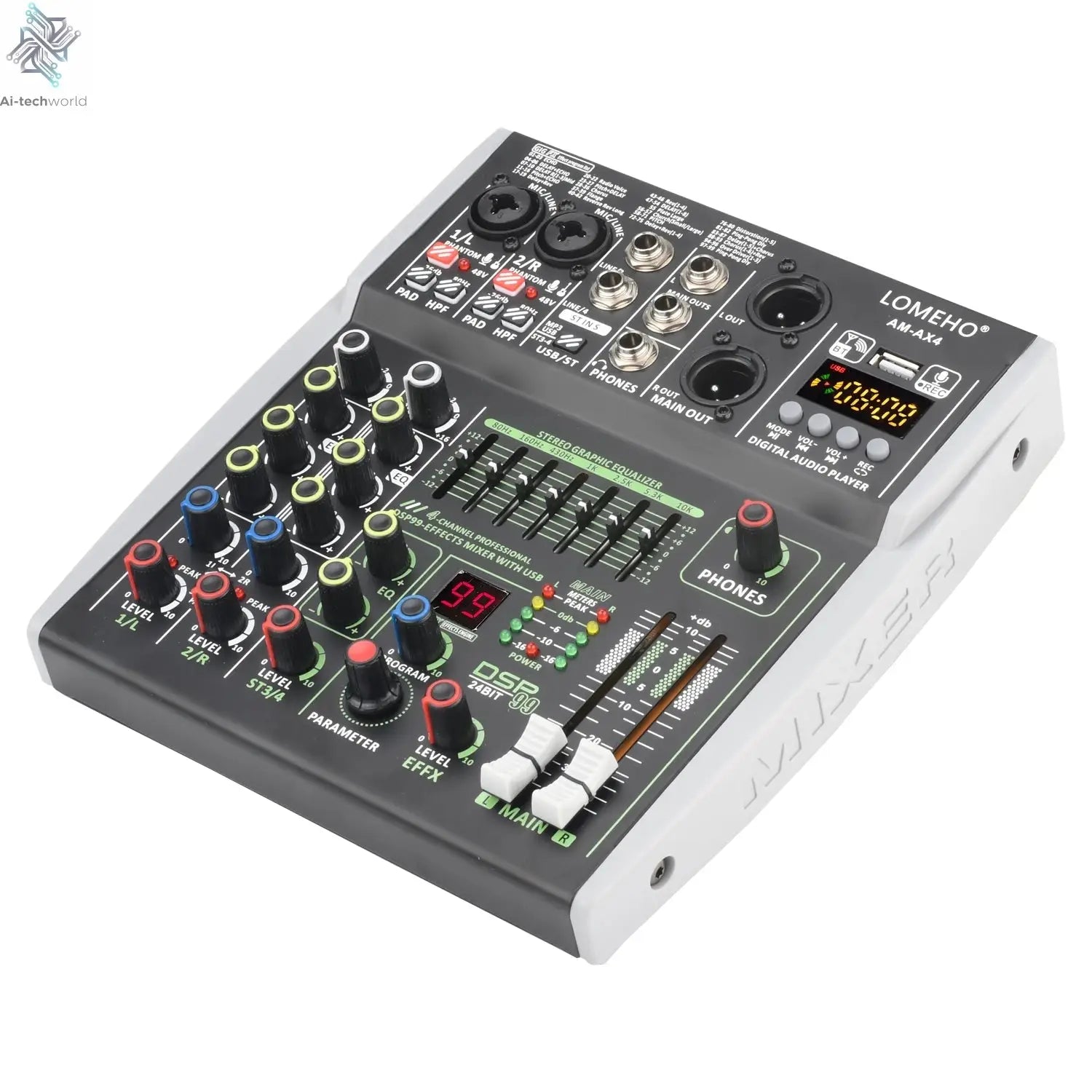 4 Channel Audio Sound Mixer 7 Band EQ 99 DSP Effects 48V Bluetooth Sound Mixing Console PC Playback Recording DJ Party AM-AX4 Ai-TechWorld 