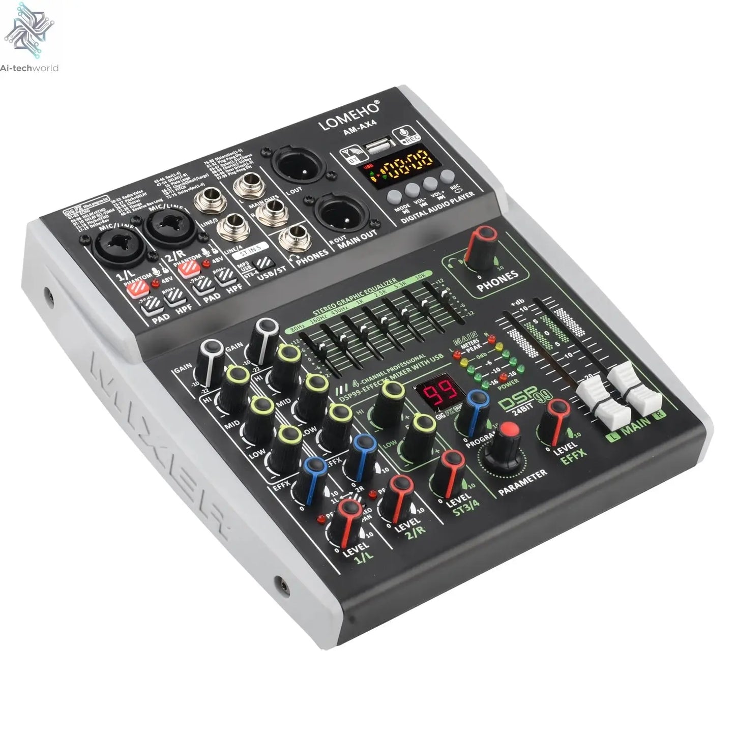 4 Channel Audio Sound Mixer 7 Band EQ 99 DSP Effects 48V Bluetooth Sound Mixing Console PC Playback Recording DJ Party AM-AX4 Ai-TechWorld 
