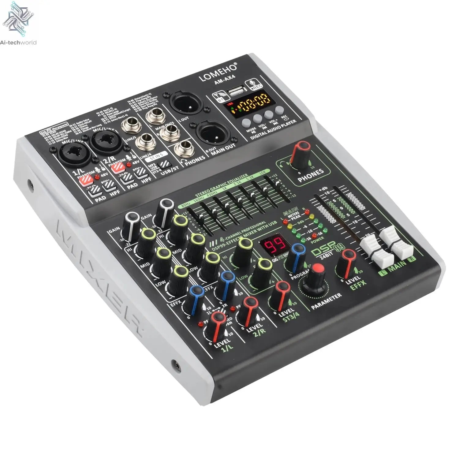 4 Channel Audio Sound Mixer 7 Band EQ 99 DSP Effects 48V Bluetooth Sound Mixing Console PC Playback Recording DJ Party AM-AX4 Ai-TechWorld 