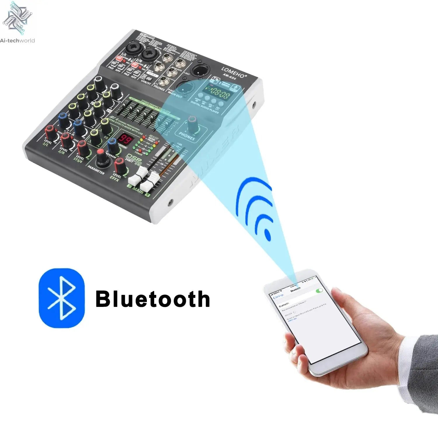 4 Channel Audio Sound Mixer 7 Band EQ 99 DSP Effects 48V Bluetooth Sound Mixing Console PC Playback Recording DJ Party AM-AX4 Ai-TechWorld 