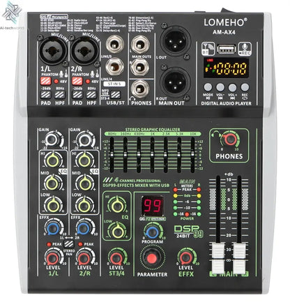 4 Channel Audio Sound Mixer 7 Band EQ 99 DSP Effects 48V Bluetooth Sound Mixing Console PC Playback Recording DJ Party AM-AX4 Ai-TechWorld 