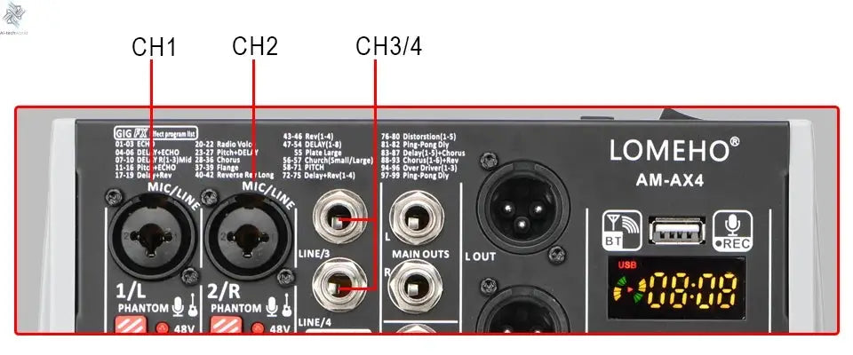 4 Channel Audio Sound Mixer 7 Band EQ 99 DSP Effects 48V Bluetooth Sound Mixing Console PC Playback Recording DJ Party AM-AX4 Ai-TechWorld 