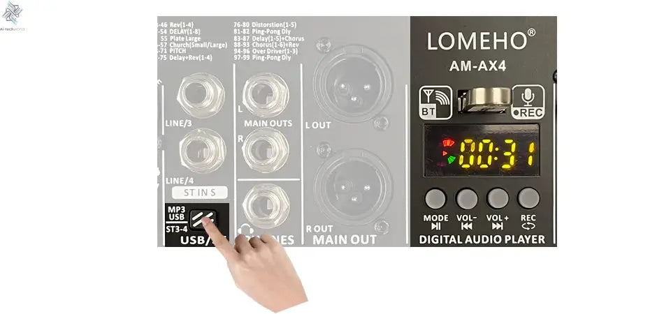 4 Channel Audio Sound Mixer 7 Band EQ 99 DSP Effects 48V Bluetooth Sound Mixing Console PC Playback Recording DJ Party AM-AX4 Ai-TechWorld 