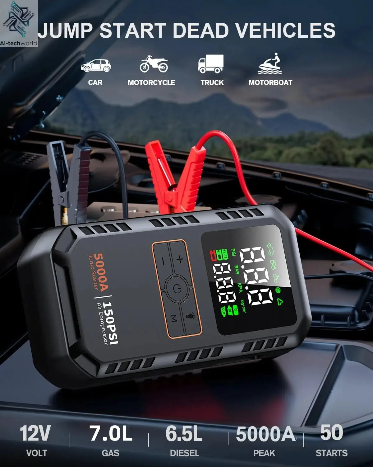 4-IN-1 Car Jump Starter with Air Compressor Peak 5000A Auto Battery Booster 150PSI Air Pump Portable Power Bank Tire Inflator Ai-TechWorld 