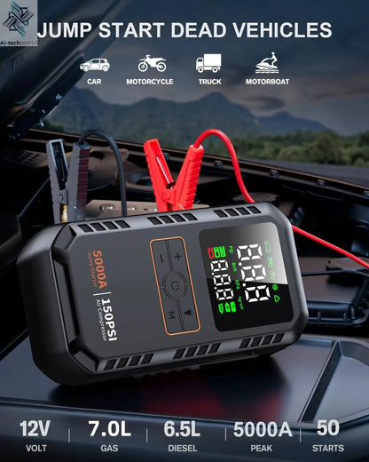 4-IN-1 Car Jump Starter with Air Compressor Peak 5000A Auto Battery Booster 150PSI Air Pump Portable Power Bank Tire Inflator Ai-TechWorld 