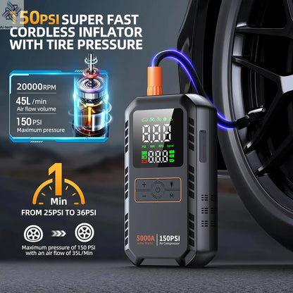4-IN-1 Car Jump Starter with Air Compressor Peak 5000A Auto Battery Booster 150PSI Air Pump Portable Power Bank Tire Inflator Ai-TechWorld 