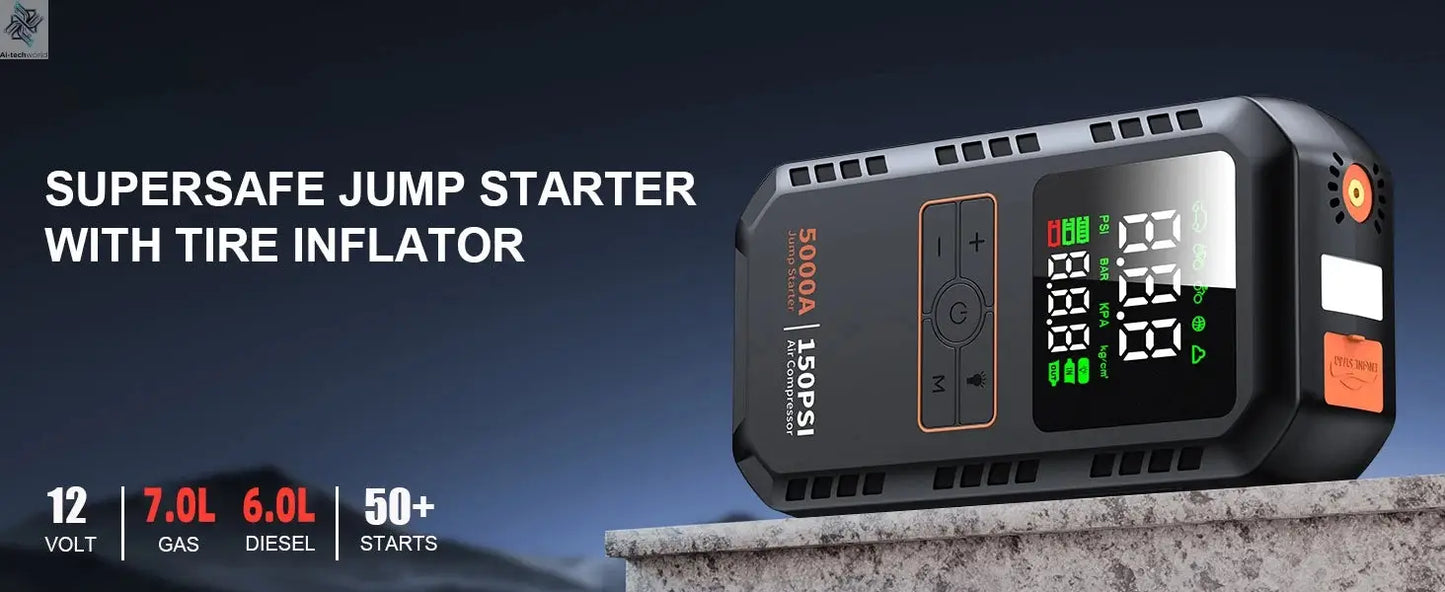 4-IN-1 Car Jump Starter with Air Compressor Peak 5000A Auto Battery Booster 150PSI Air Pump Portable Power Bank Tire Inflator Ai-TechWorld 