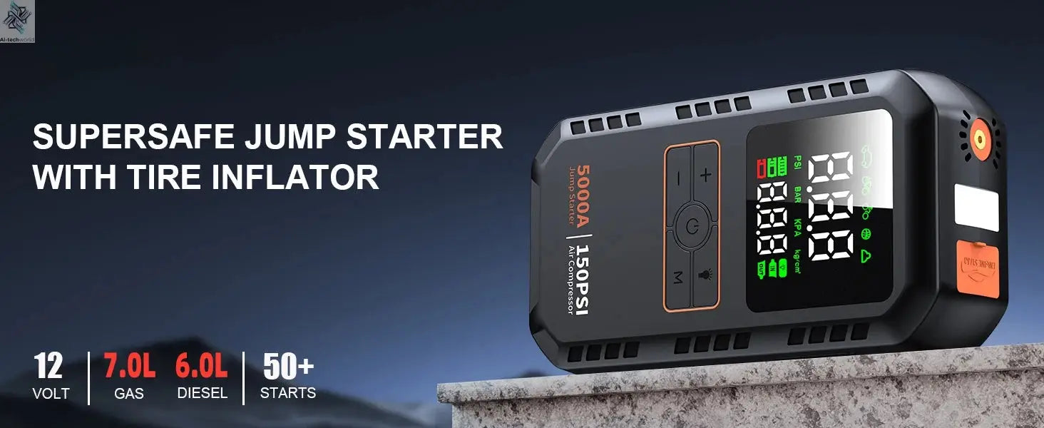 4-IN-1 Car Jump Starter with Air Compressor Peak 5000A Auto Battery Booster 150PSI Air Pump Portable Power Bank Tire Inflator Ai-TechWorld 