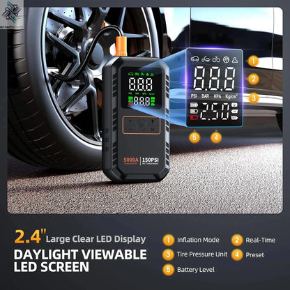 4-IN-1 Car Jump Starter with Air Compressor Peak 5000A Auto Battery Booster 150PSI Air Pump Portable Power Bank Tire Inflator Ai-TechWorld 