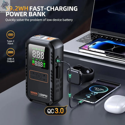 4-IN-1 Car Jump Starter with Air Compressor Peak 5000A Auto Battery Booster 150PSI Air Pump Portable Power Bank Tire Inflator Ai-TechWorld 
