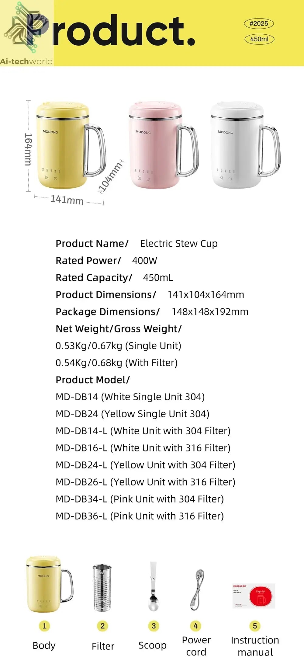 450ml Electric Kettle Cooking Pot Portable Heating Cup Stew Cup Travel Multicooker Hotpot Office Health Preserving Pot 220V Ai-TechWorld 