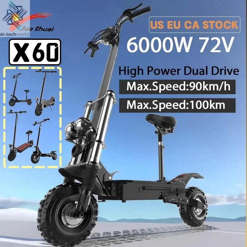 48-72V Electric Scooter for Adults 90KM/H 10-11''Tubeless Off Road Tire Hydraulic / SpringSuspension Foldable Escooter with Seat Ai-TechWorld 