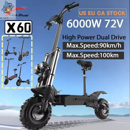 48-72V Electric Scooter for Adults 90KM/H 10-11''Tubeless Off Road Tire Hydraulic / SpringSuspension Foldable Escooter with Seat Ai-TechWorld 