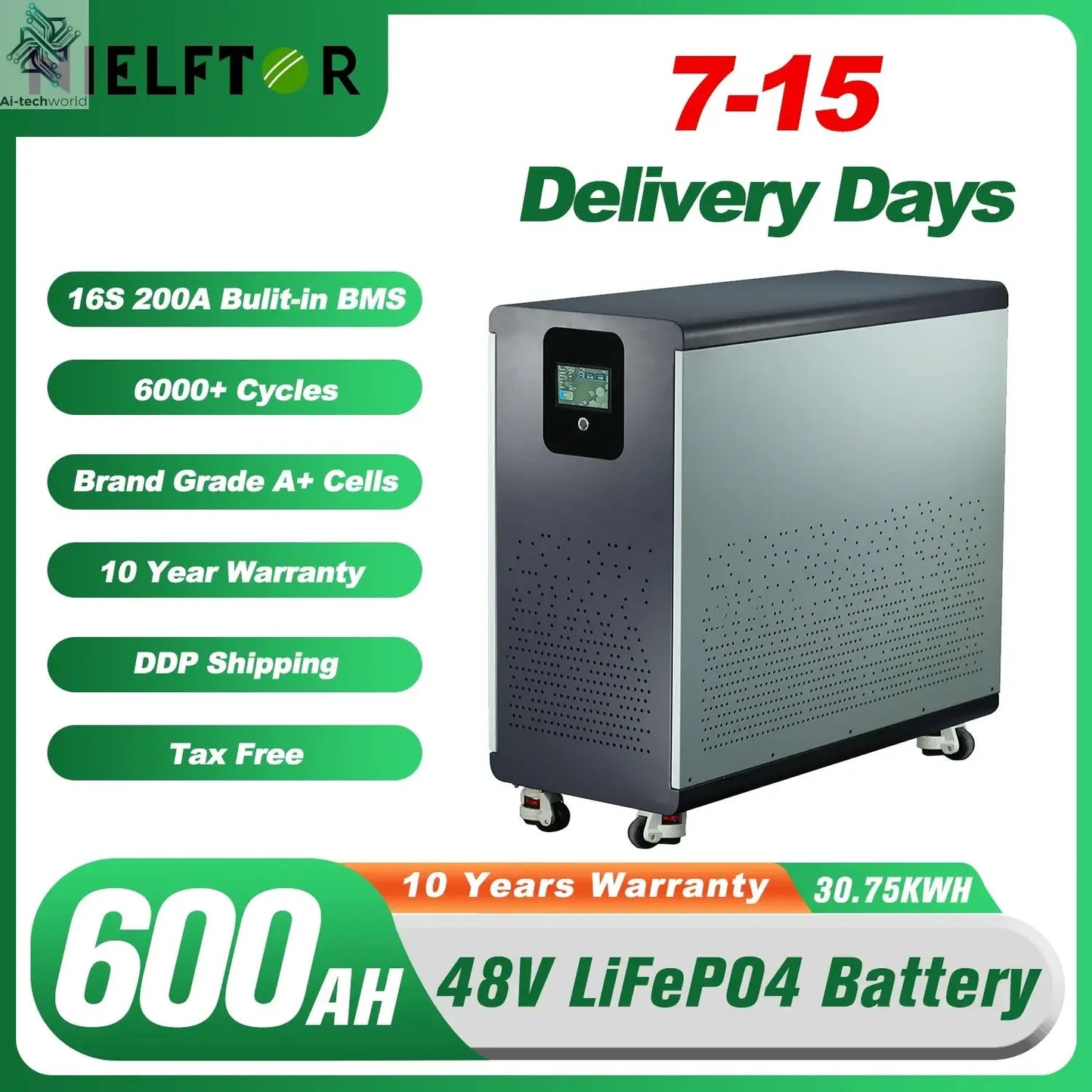 48V 600Ah LiFePO4 Lithium Battery Pack 30Kwh 100Ah 120Ah 200Ah 300Ah Built-in 200A BMS 6000+ Cycle For Solar System EU PL Stock - Ai-TechWorld