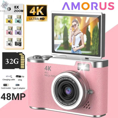 4K Digital Camera Beauty Filters 48MP HD Student CCD Camera CMOS Anti Shake 180° Flip Screen Selfie Camera for Kids Adults Gift - Ai-TechWorld