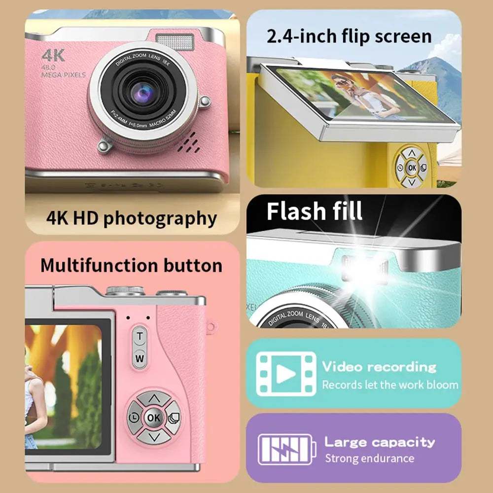 4K Digital Camera Beauty Filters 48MP HD Student CCD Camera CMOS Anti Shake 180° Flip Screen Selfie Camera for Kids Adults Gift - Ai-TechWorld