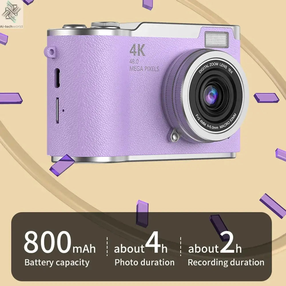 4K Digital Camera Beauty Filters 48MP HD Student CCD Camera CMOS Anti Shake 180° Flip Screen Selfie Camera for Kids Adults Gift - Ai-TechWorld