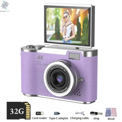 4K Digital Camera Beauty Filters 48MP HD Student CCD Camera CMOS Anti Shake 180° Flip Screen Selfie Camera for Kids Adults Gift - Ai-TechWorld