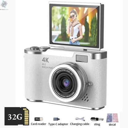 4K Digital Camera Beauty Filters 48MP HD Student CCD Camera CMOS Anti Shake 180° Flip Screen Selfie Camera for Kids Adults Gift - Ai-TechWorld