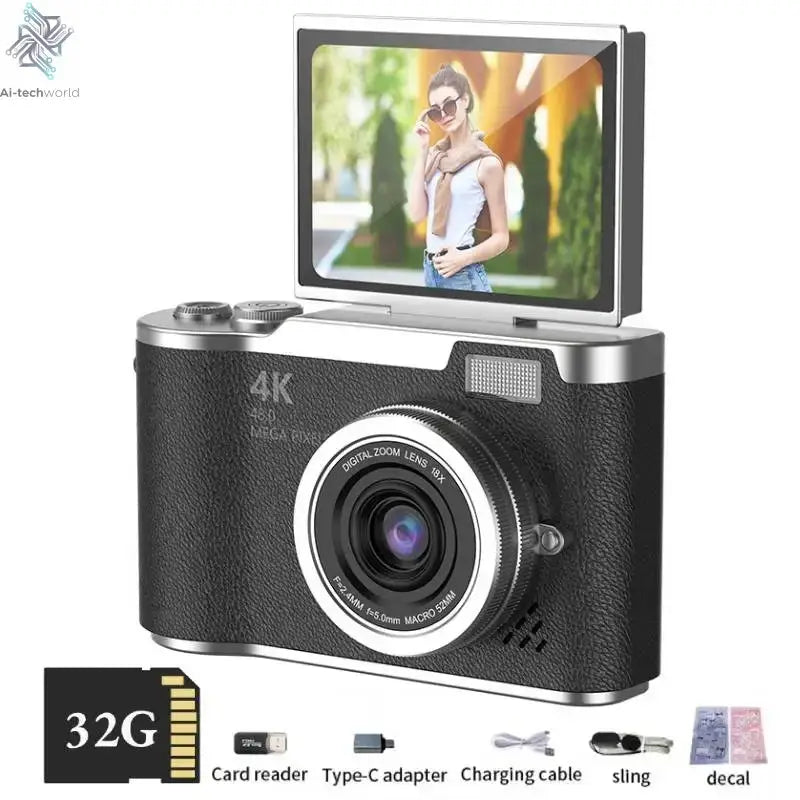 4K Digital Camera Beauty Filters 48MP HD Student CCD Camera CMOS Anti Shake 180° Flip Screen Selfie Camera for Kids Adults Gift - Ai-TechWorld